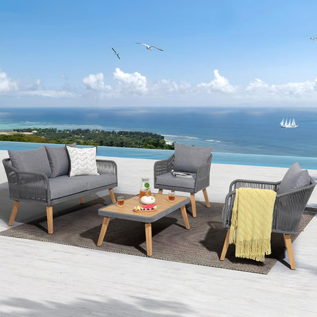 Patiorama 4 Piece Patio Furniture Set, Outdoor FSC Certified Acacia Wood Conversation Set, All-Weather Rope Sofa Set w/Coffee Table, Loveseat, Modern Deep Seating Set for Lawn Balcony Poolside, Grey Patiorama