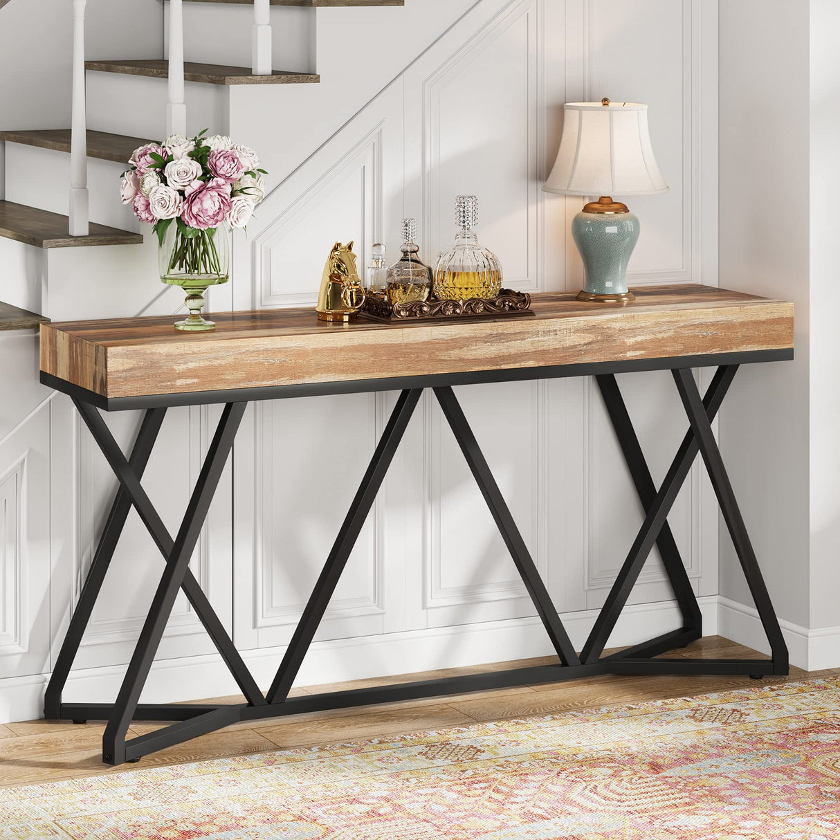 Tribesigns 55 Inches Console Table, Farmhouse Sofa Table Wood Entryway Table with Unique Metal Base, Behind The Couch Table Foyer Table, Industrial Accent Table for Hallway, Living Room, Entrance Tribesigns