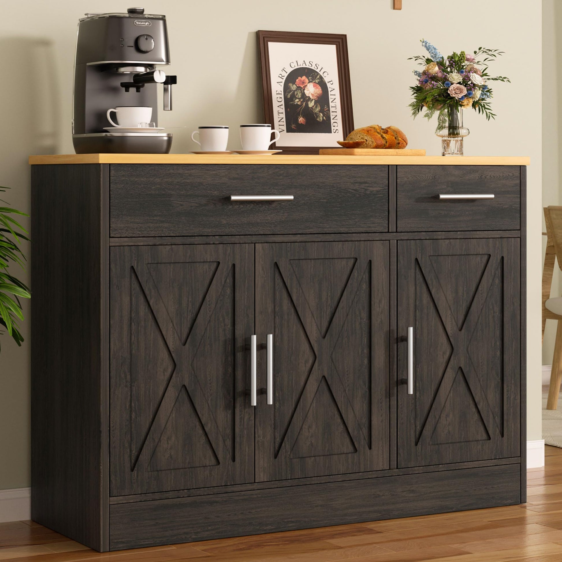 Meilocar Buffet Cabinet with Storage, Coffee Bar Cabinet, Farmhouse Storage Cabinet, Wood Kitchen Cabinet with Drawers and Shelves, Wide Sideboard Cabinet for Dining Room, Living Room, Dark B - WoodArtSupply