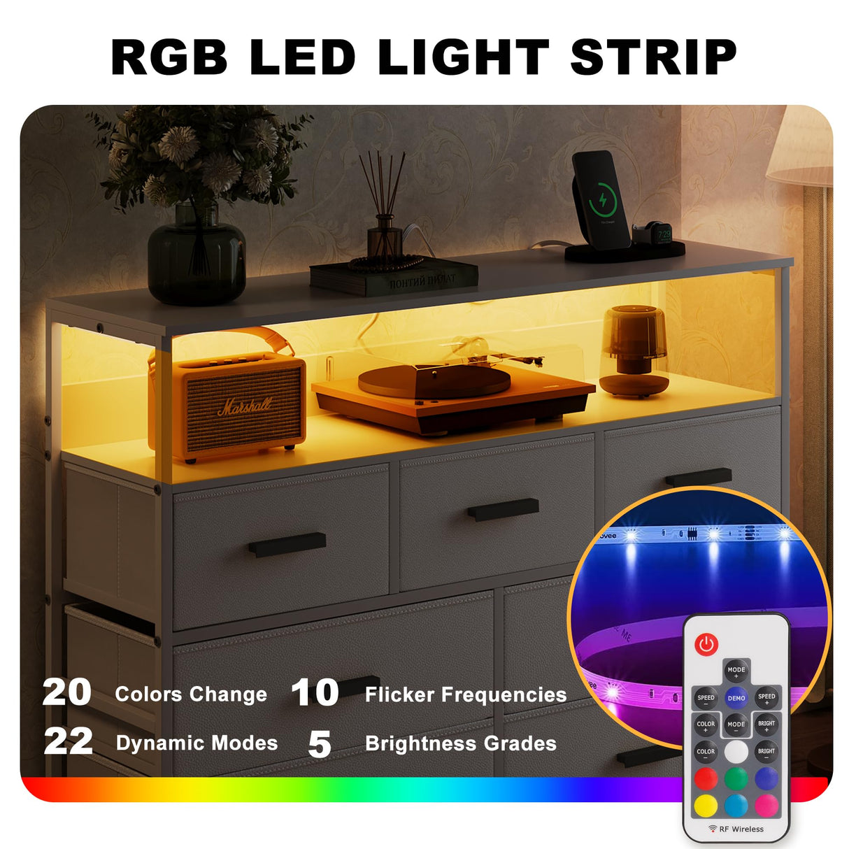 NASHZEN Dresser TV Stand with 7 Drawers, Dresser TV Stand with LED Lights & Power Outlets, Bedroom Dresser, Chest of Drawers up to 45'' Long TV, Wide Fabric Dresser with Open Shelf (White) NASHZEN