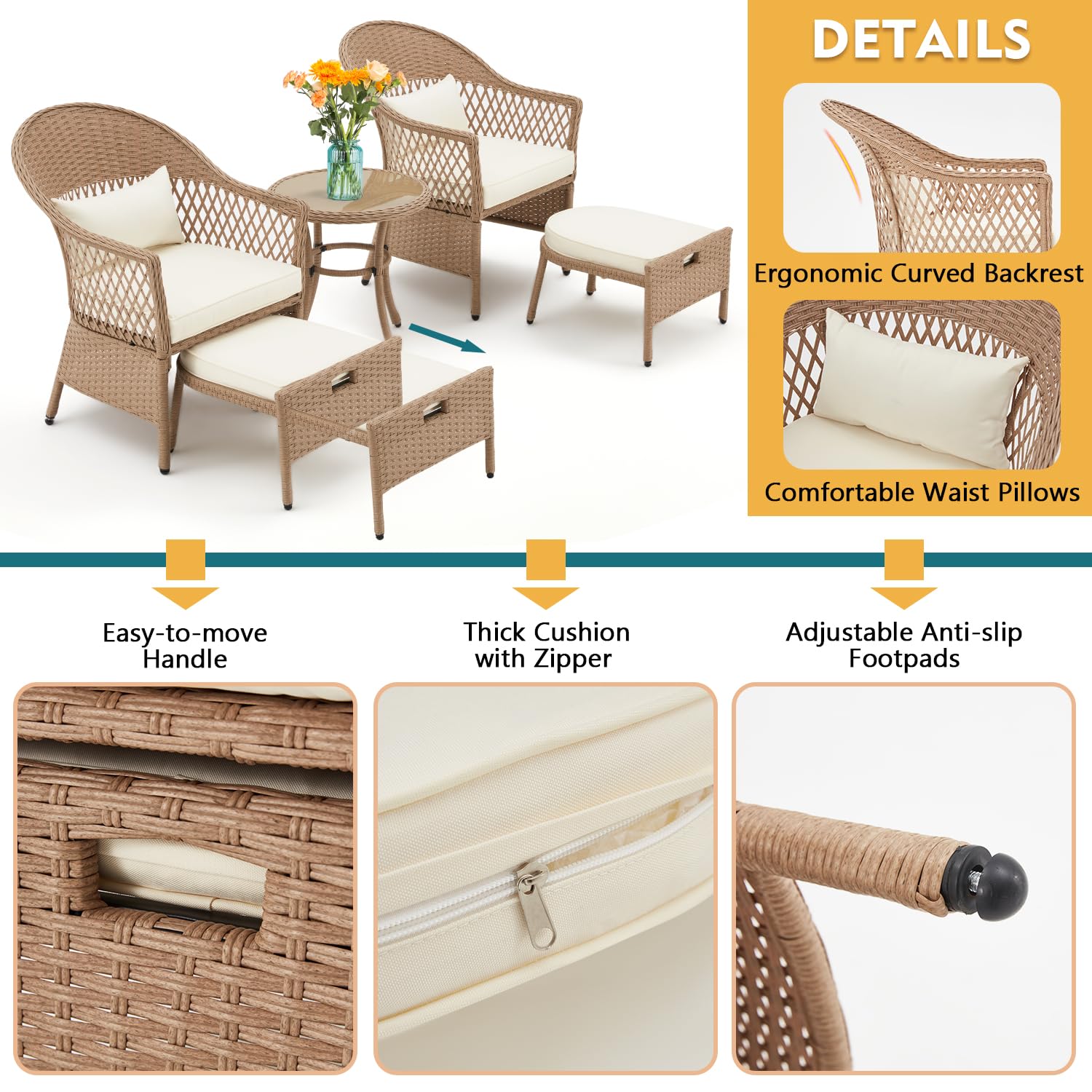 AVAWING 5 Pieces Patio Furniture Set, Outdoor Rattan Chairs with Round Glass Coffee Table, Ottomans & Soft Cushions, Wicker Conversation Bistro Set for Garden, Deck, Balcony, Poolside(Beige) - WoodArtSupply