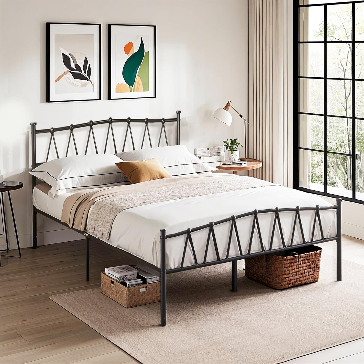 VECELO Queen Size Bed Frame, Bohemian Style Headboard,Queen Platform Mattress Base/Underbed Storage Space/No Box Spring Needed, Heavy Duty Bed Frame, Black VECELO