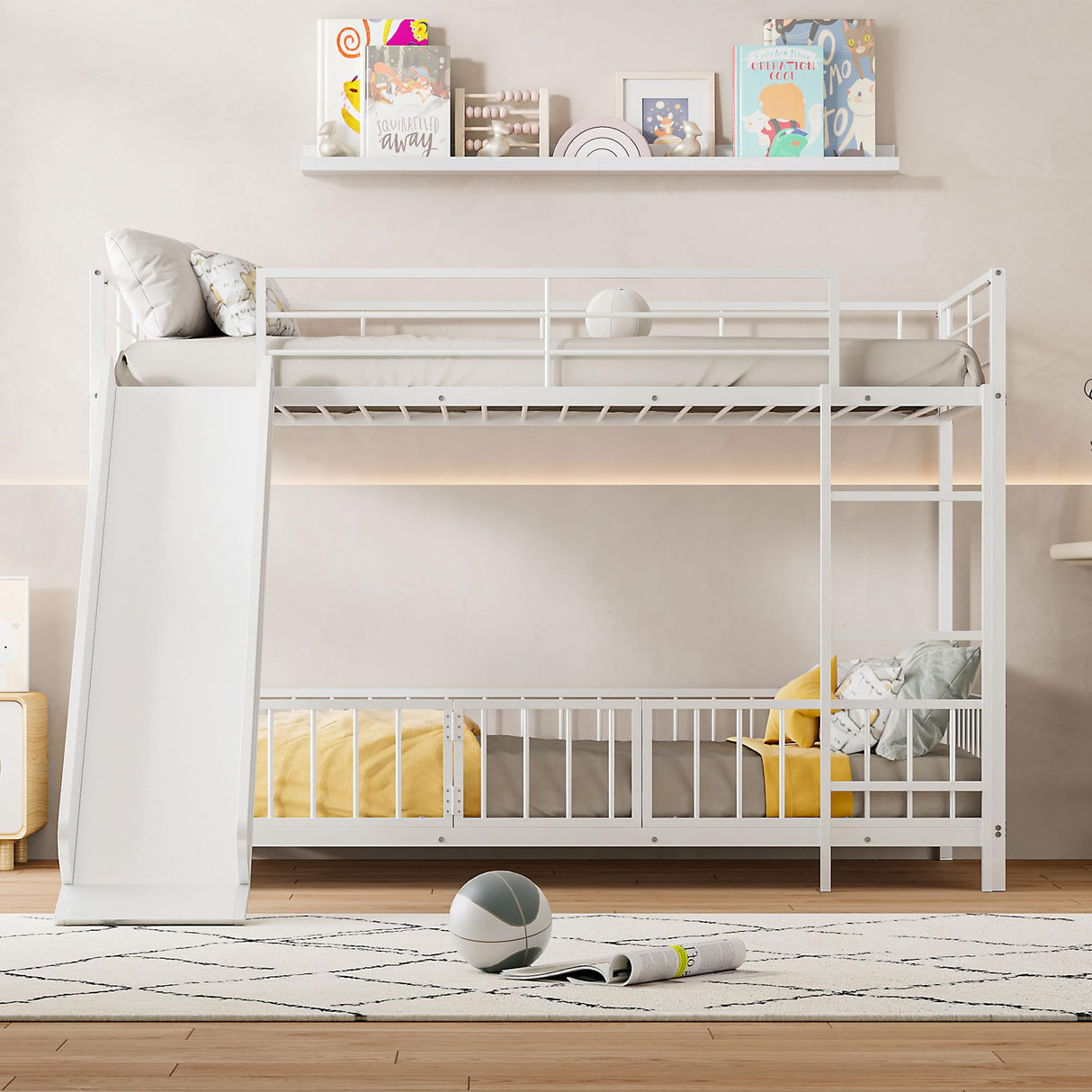 Bellemave Twin Over Twin Bunk Bed with Slide and Ladder, Metal Bunk Bed for Kids, Girls, Boys, Removable Fence, Low Bunk Bed with Slide, with Door, White Bellemave