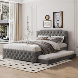 CITYLIGHT Queen Upholstered Platform Bed with Twin Size Trundle and USB Ports on Each Side, Queen Bed Frame with Trundle for Bedroom, Linen Fabric,No Box Spring Required,Grey CITYLIGHT