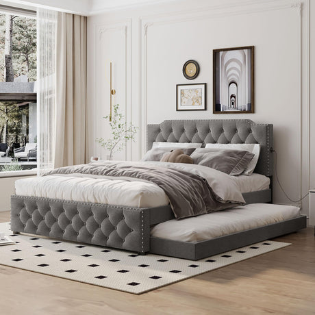 Merax Modern Upholstered Plattform Bed with Trundle and 2 USB Ports, Queen Linen Bed Frame with Wingback No Box Spring Needed Gray Merax