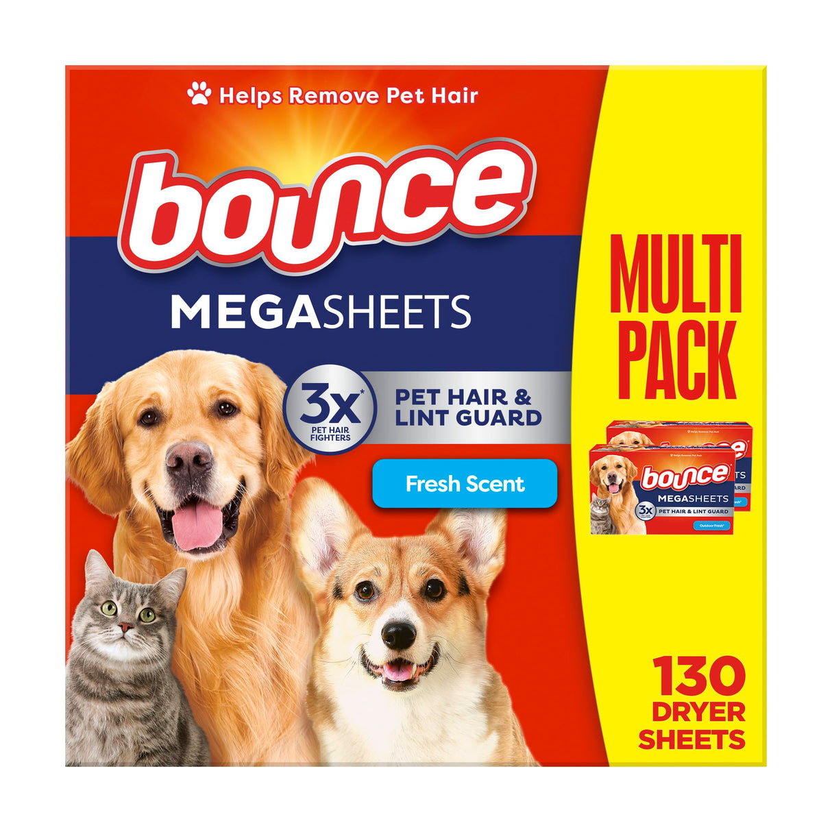 Bounce Pet Hair and Lint Guard Mega Dryer Sheets with 3X Pet Hair Fighters, Fresh Scent, 130 Count, Bounce Dryer Sheets, Fabric Softener Sheets Bounce