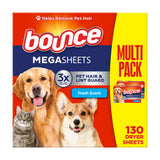 Bounce Pet Hair and Lint Guard Mega Dryer Sheets with 3X Pet Hair Fighters, Fresh Scent, 130 Count, Bounce Dryer Sheets, Fabric Softener Sheets Bounce