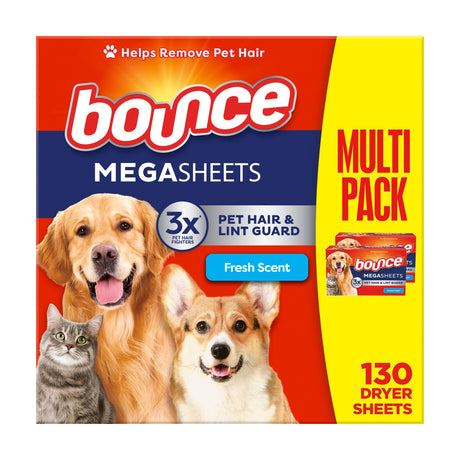 Bounce Pet Hair and Lint Guard Mega Dryer Sheets with 3X Pet Hair Fighters, Fresh Scent, 130 Count, Bounce Dryer Sheets, Fabric Softener Sheets Bounce