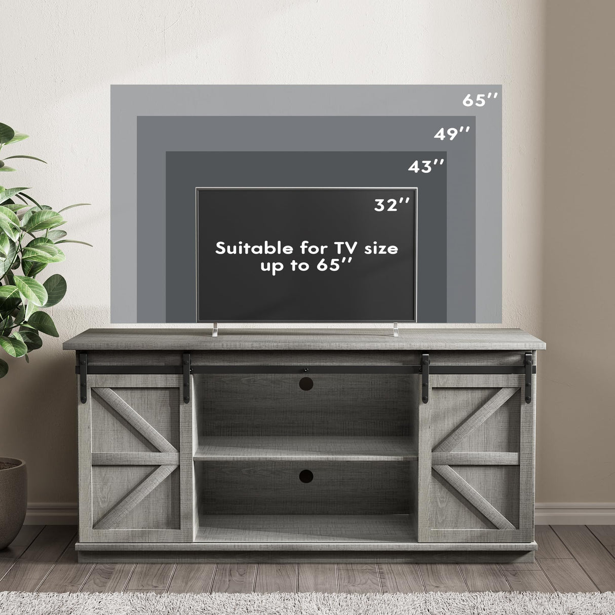 JUMMICO TV Stand for 65 Inch TV, Entertainment Center with Storage Cabinets and Sliding Barn Doors, Mid Century Modern Media TV Console Table for Living Room Bedroom (Pale Gray) JUMMICO