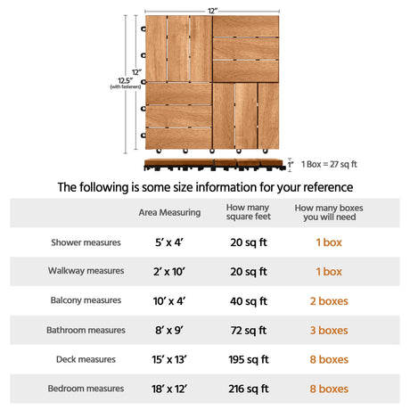 Yaheetech 27pcs Hardwood Interlocking Patio Deck Tiles Acacia Waterproof Wood Flooring Tiles for Patio Garden Poolside, 12'' x12'' Indoor Outdoor Use All Weather Yaheetech