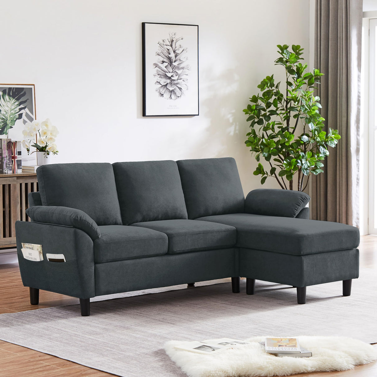 Enobala 79" Convertible Sectional Sofa, Modern L Shaped 3 Seat Couch with Reversible Ottoman for Living Room (#Dark Grey) Enobala