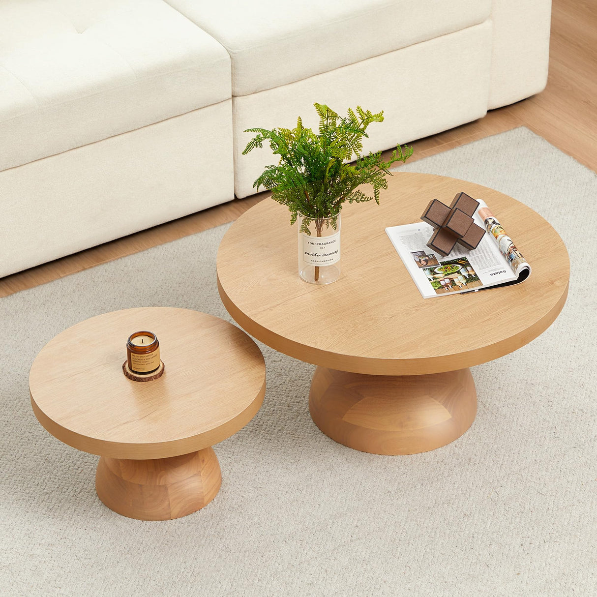 Solid Wood Round Nesting Coffee Table Set of 2, Circle Accent Tables with Unique Semi-Circular Legs, Mid Century Modern Side End Table Set for Small Space Living Room Office (Natural Oak) LEVNARY