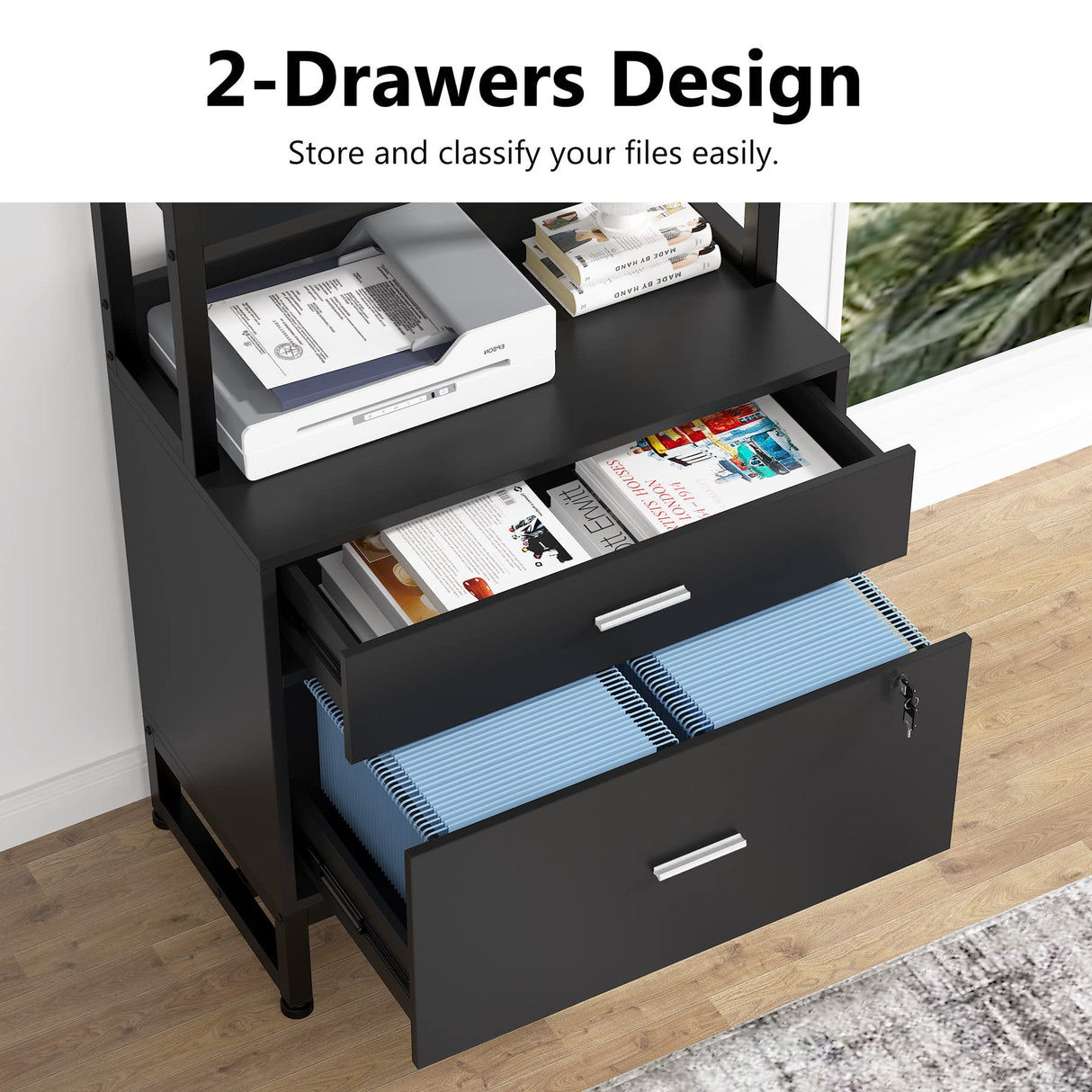 Tribesigns Modern 2 Drawer Vertical File Cabinet with Lock and Open Bookshelf Storage, Black Tribesigns