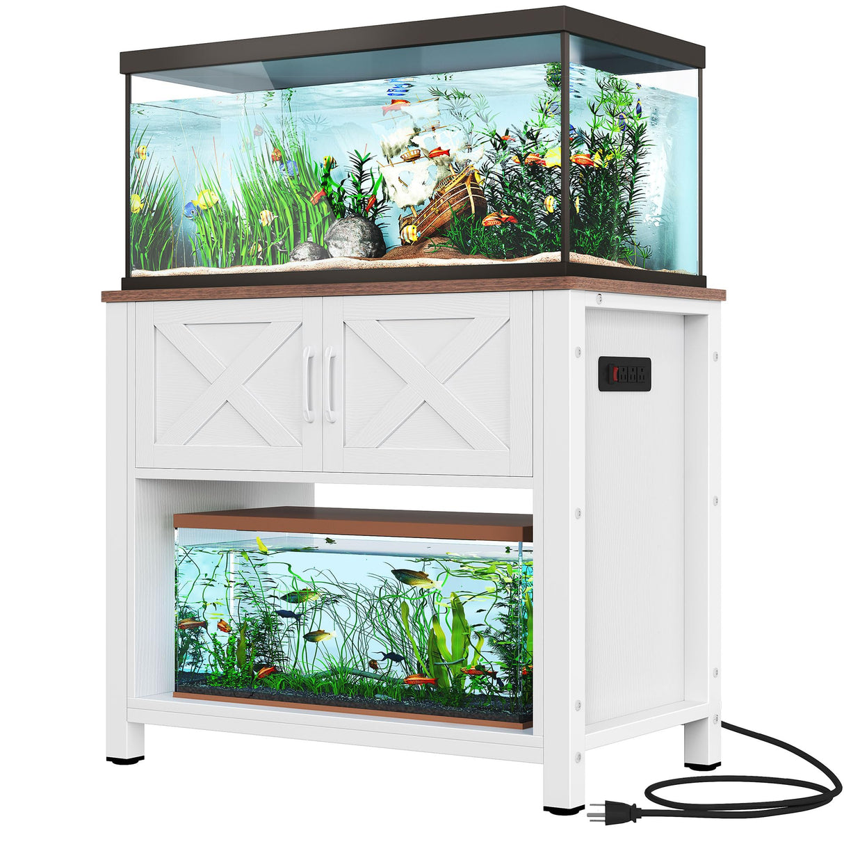 DWVO 40-50 Gallon Aquarium Stand with Power Outlets, Cabinet for Fish Tank Accessories Storage - Heavy Duty Metal Fish Tank Stand Suitable for Turtle Tank, Reptile Terrarium, 660LBS Capacity, White DWVO
