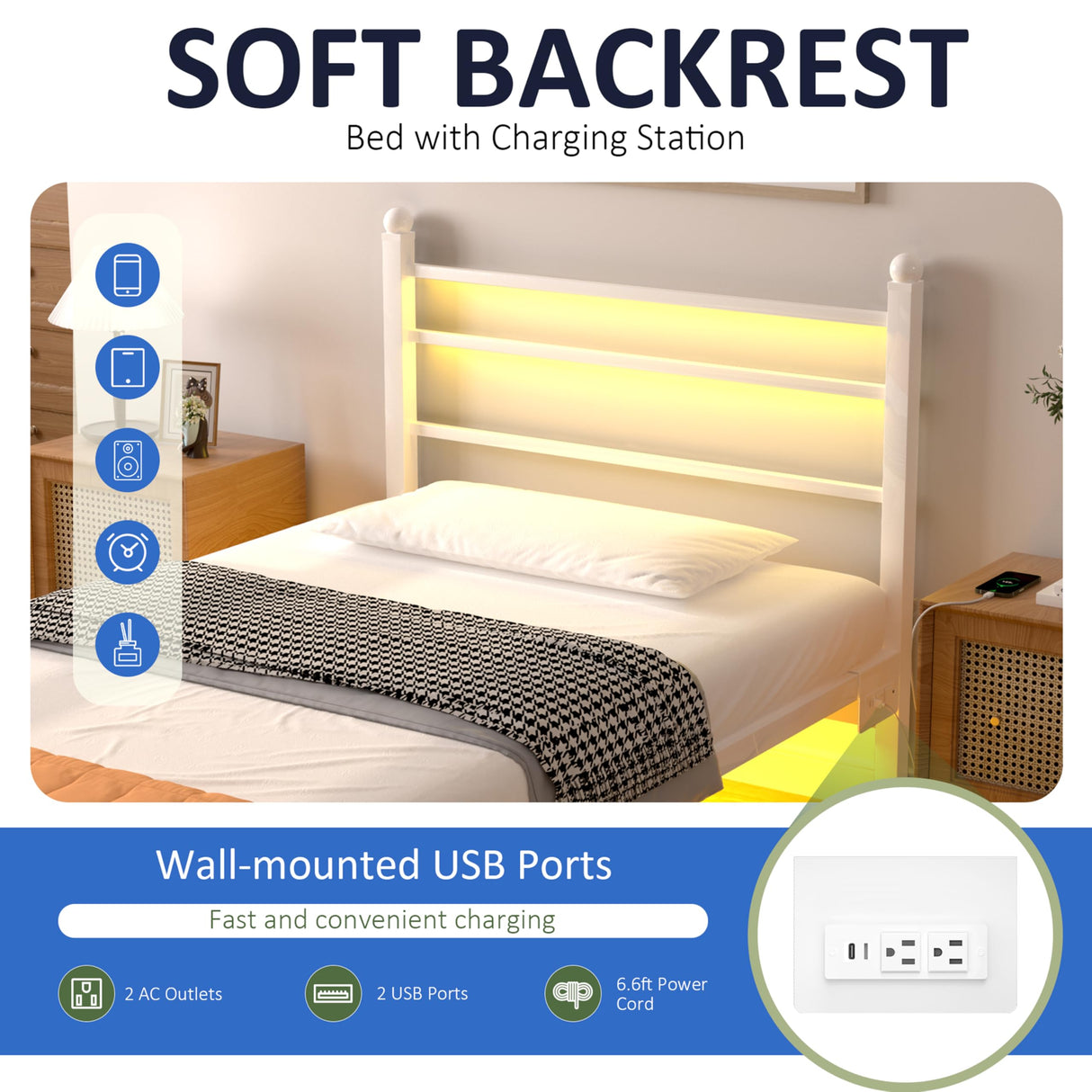 J.Fkne Twin Bed Frame with LED Lights & Charging Station, Metal Platform Bed with Headboard, Heavy Duty Metal Slats, No Box Spring Needed, Noise Free, Easy Assembly, White J.Fkne