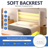 J.Fkne Twin Bed Frame with LED Lights & Charging Station, Metal Platform Bed with Headboard, Heavy Duty Metal Slats, No Box Spring Needed, Noise Free, Easy Assembly, White J.Fkne