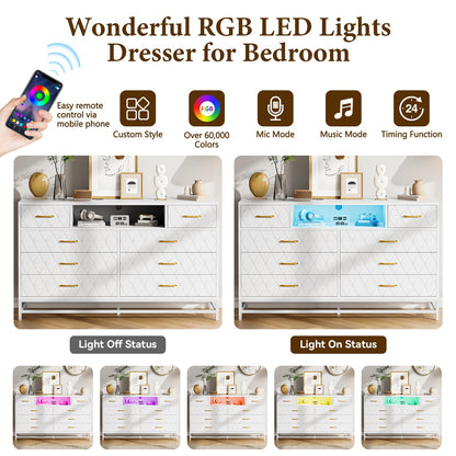 Patikuin White Dresser for Bedroom, 8 Drawer Dresser with Power Outlet, 55" Tv Stand Large Dresser Wooden with Led Light, Modern Dressers with Deep Drawers, Big Wide Chest of Drawers Storage Dresser