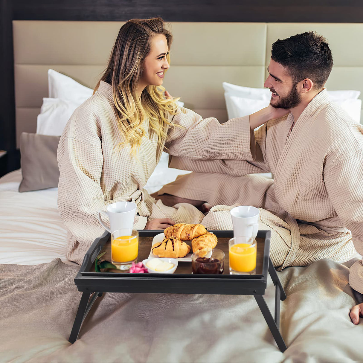 2 Pack Bed Tray Table Breakfast Trays Serving Tray Bamboo Bed Laptap Floding Legs with Handles and Phone Holders JMLHMXC