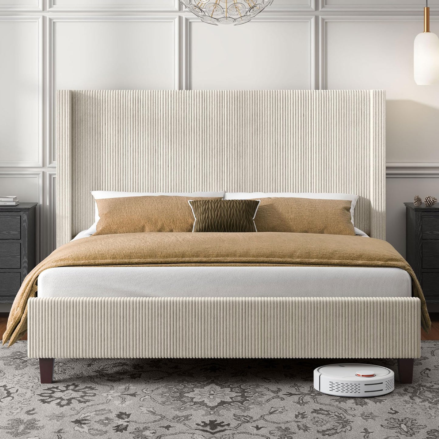 HOWE King Size Cream Upholstered Wingback Bed Frame with 50.8" Headboard - WoodArtSupply