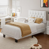 Feonase Velvet Twin Platform Bed Frame with Button Tufted Headboard, Upholstered Bed with Wooden Slats Support, No Box Spring Needed, Easy Assembly, Noise-Free, White Feonase