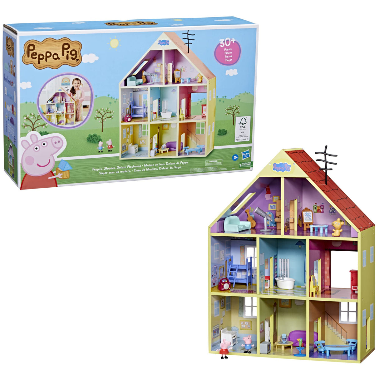 Peppa Pig Wooden Deluxe Playhouse, 8 Rooms, Includes 2 Fun Figures and 29 Accessories, Made of Responsibly Sourced Wood, for Ages 3 and Up (Amazon Exclusive) Peppa Pig