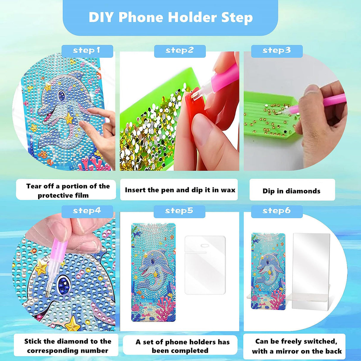 NUFTVI 2 Pack Diamond Painting Cell Phone Holder, DIY Full Crystal Cute Dolphins Diamond Art Phone Holder and Mirror, Diamond Art Kits for Beginner Adult NUFTVI