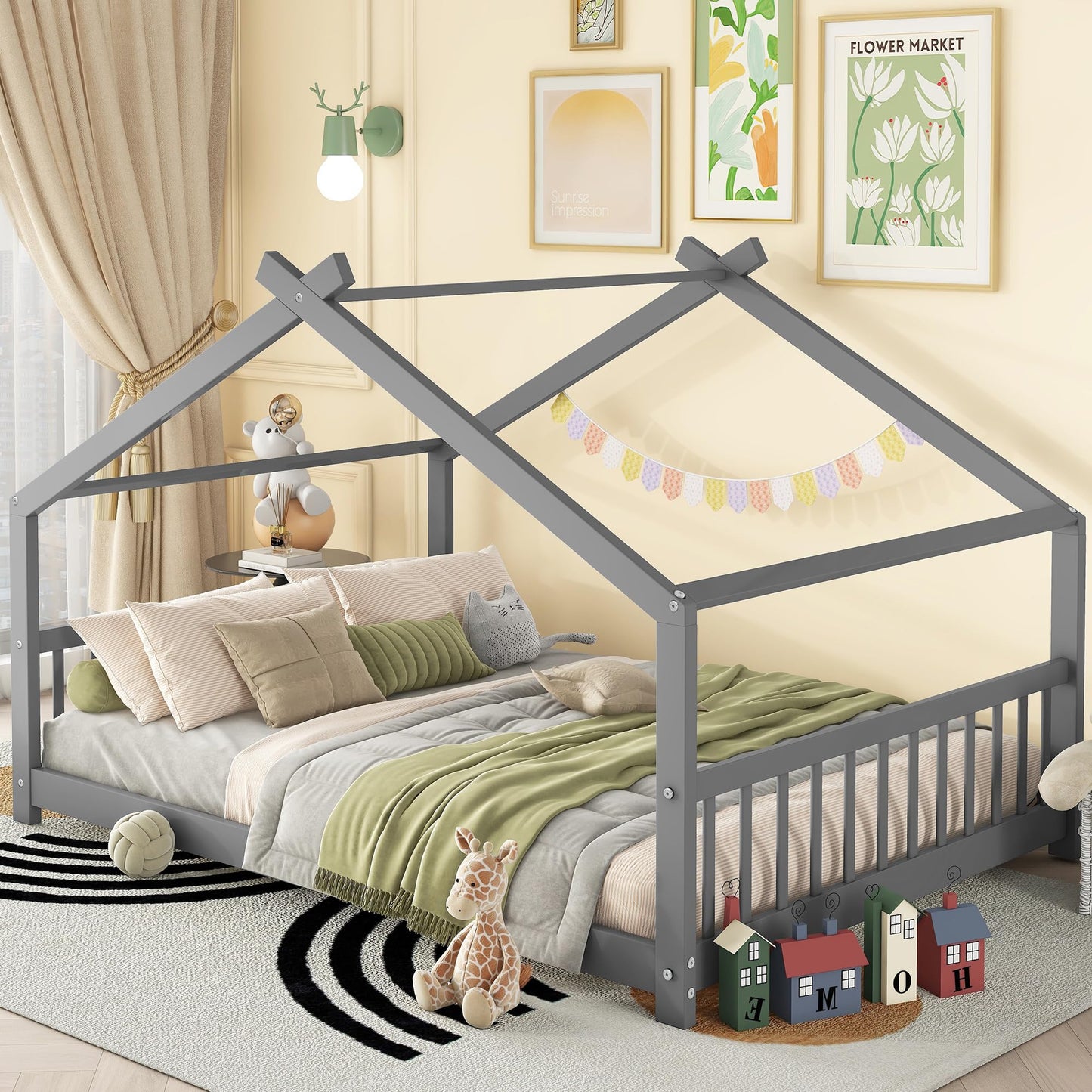 Bellemave Full-Size Montessori Floor Bed Frame with Playhouse Design in Grey - WoodArtSupply