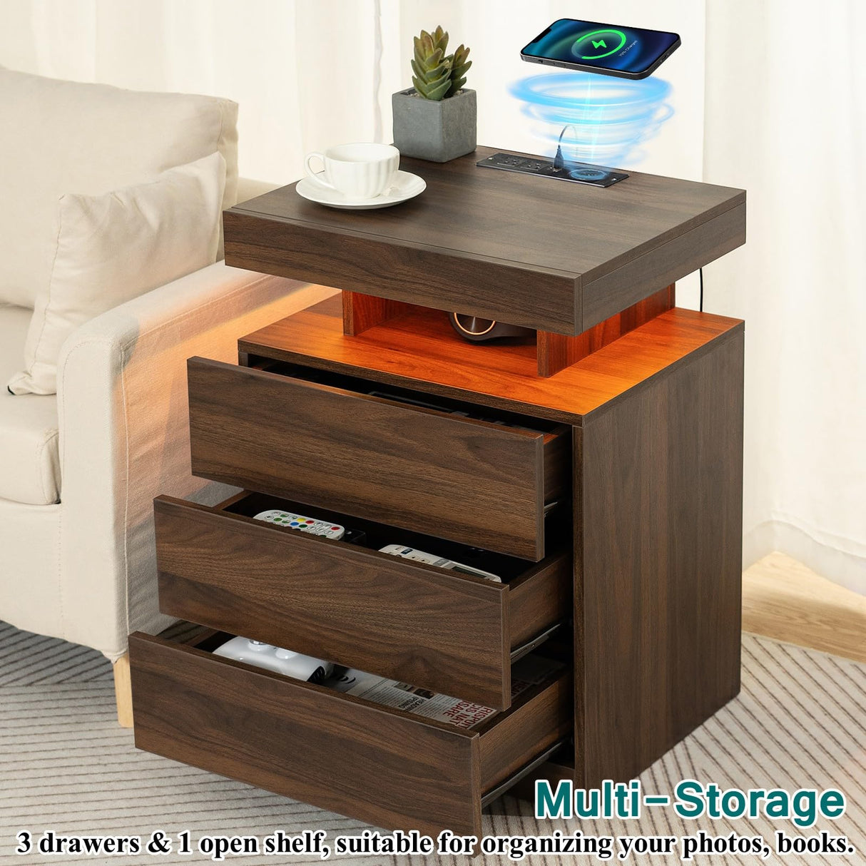 HOMMPA Set of 2 LED Nightstands with Wireless Charging Station Dark Walnut Bedside Table with Led Light Smart Nightstand USB Port 3 Drawers Night Table Mid Century Wood Night Stand Tall for Bedroom HOMMPA