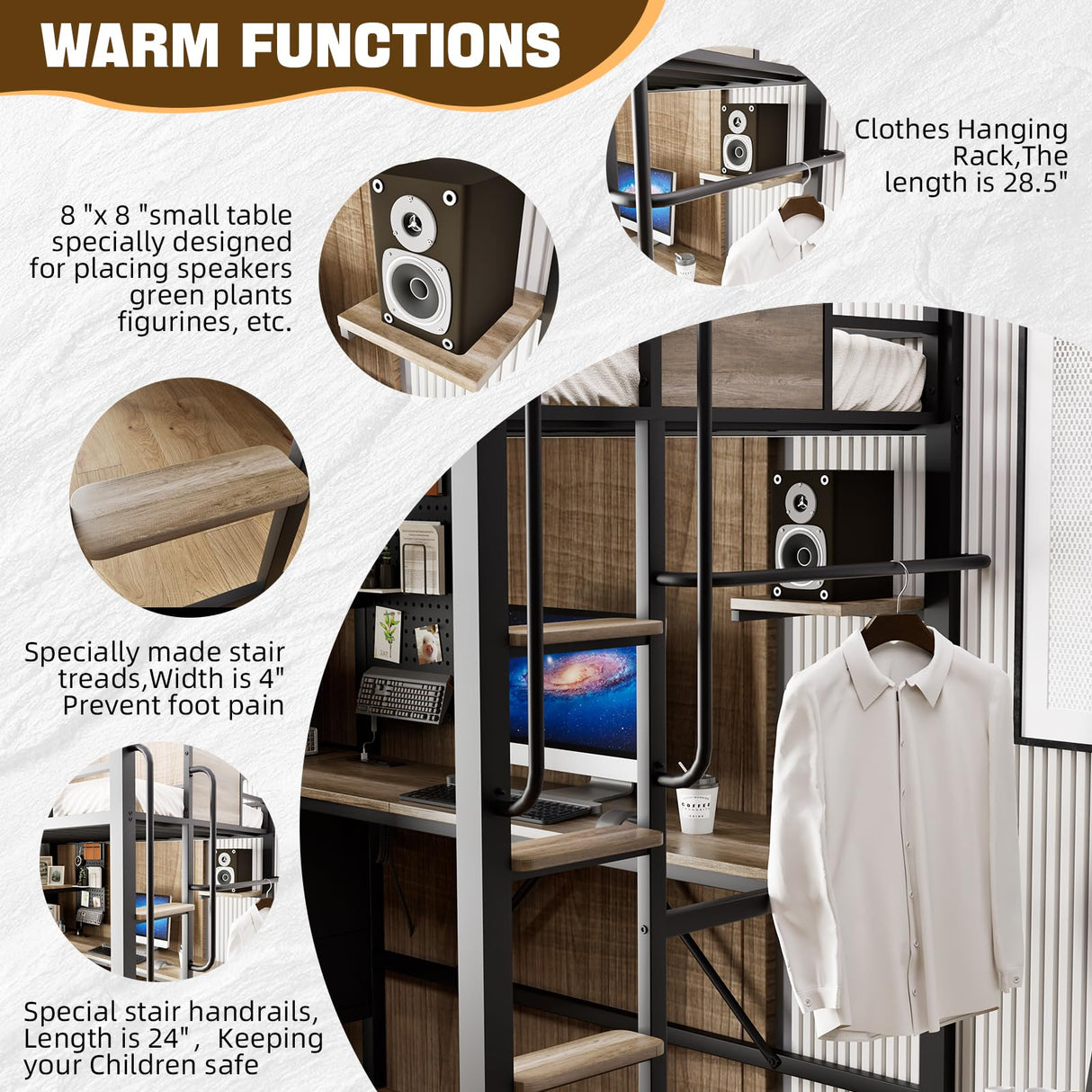 busyaeh Loft Bunk Bed with Desk Underneath, Loft Bed Twin Size with Desk, RGB LED Lights, and Charging Station, with Drawer Cabinets and Pegboards, Twin Max Load-Bearing Weight 400lbs, Oak Gray busyaeh