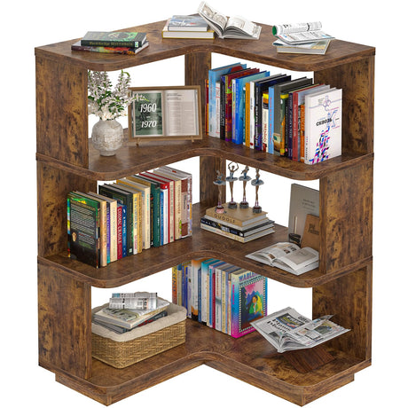Armocity Corner Book Shelf - 4 Tier Corner Bookshelf Etagere Bookcase with Baffle, Freestanding L Shaped Display Shelf Stand for Home Office, Living Room, Bedroom, Kitchen, Rustic Brown Armocity