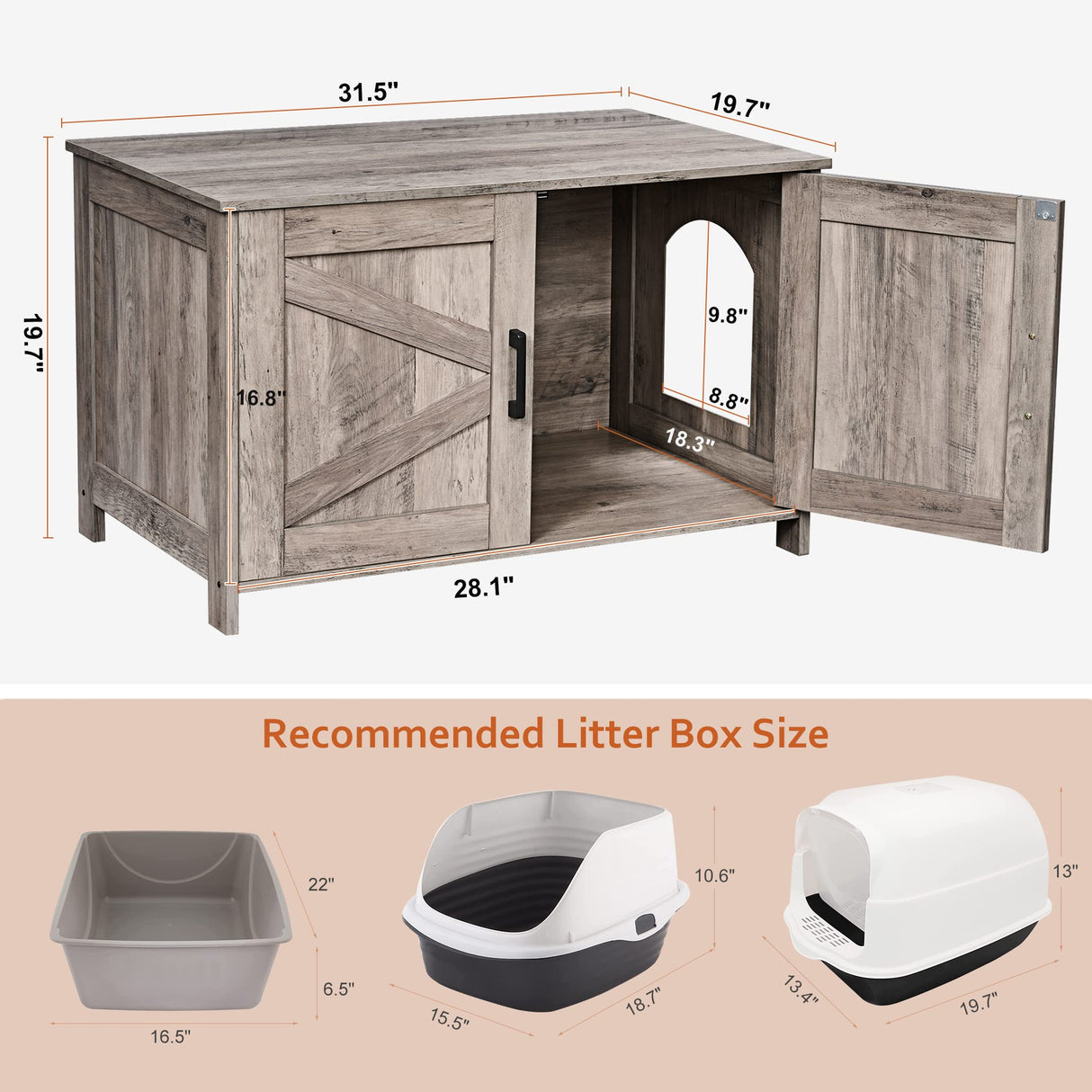 Homhedy Cat Litter Box Enclosure,Litter Box Furniture Hidden with Barn Door,Wooden Cat Washroom Furniture,Cat House,Fit Most of Litter Box, Greige Homhedy