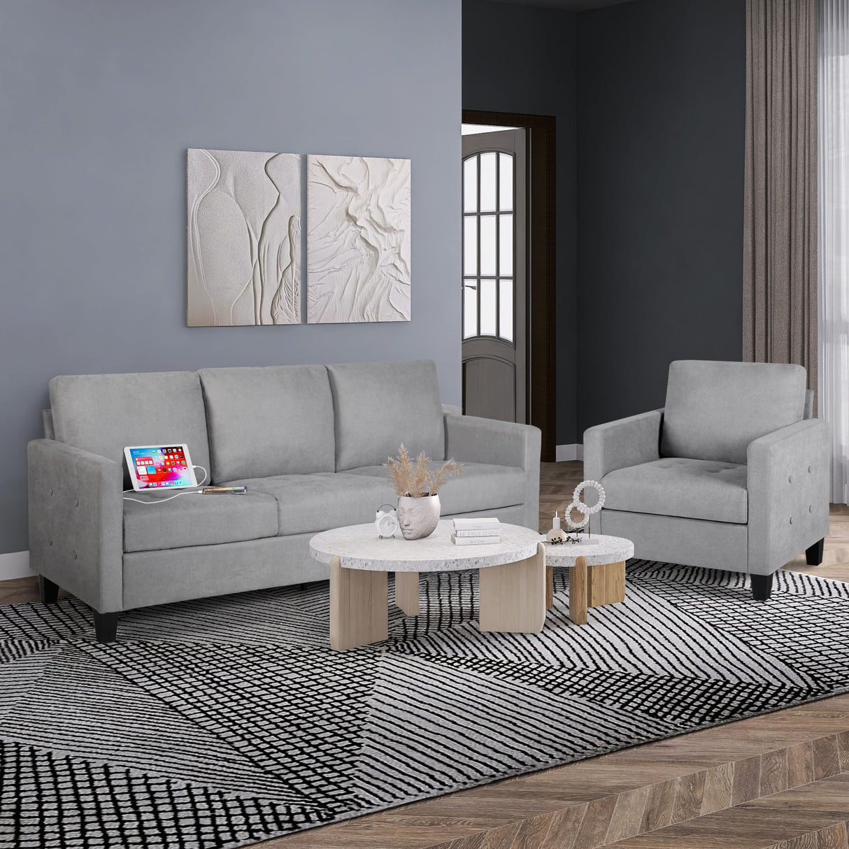 STHOUYN 72" W 3 Person Seater Couch Sofa with USB Ports, Grey Comfy Couches for Small Spaces, Mid Century Modern Gray Couch for Living Room Apartment Bedroom (Light Grey) STHOUYN