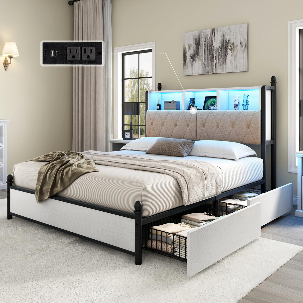 AMERLIFE Queen Bed Frame with Bookcase Headboard and 4 Storage Drawers, Wooden Platform Bed with Charging Station and LED Light, No Box Spring Needed/Noise-Free, White AMERLIFE