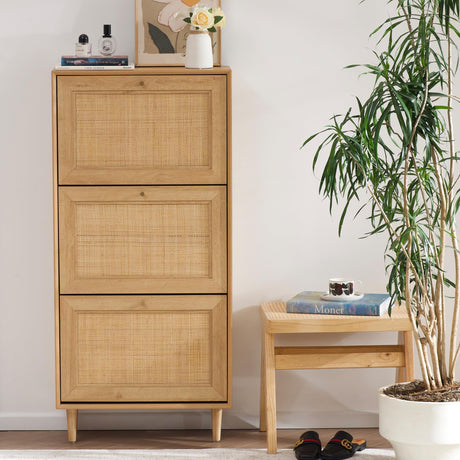 HOOLETE Narrow Shoe Cabinet with 3 Flip Drawers Hidden Freestanding Shoe Rack with Natural Rattan Doors Wooden Shoe Storage Cabinet with Solid Wood HOOLETE