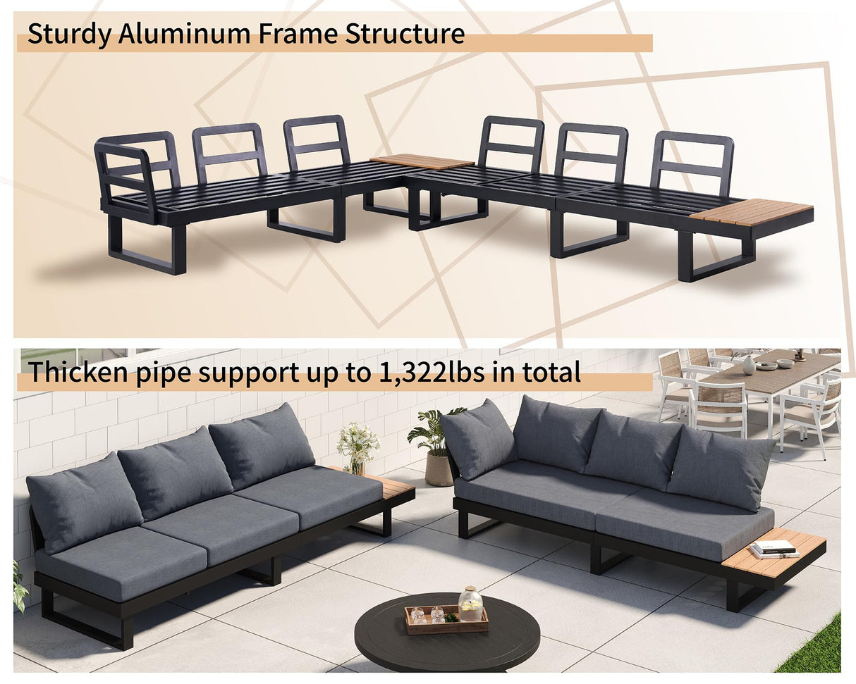 PaPaJet Aluminum Patio Conversation Set with Adjustable Backrest, 6 Piece Modern Outdoor Furniture Set with Wood Side Table for Backyard Poolside Porch, Gray PaPaJet