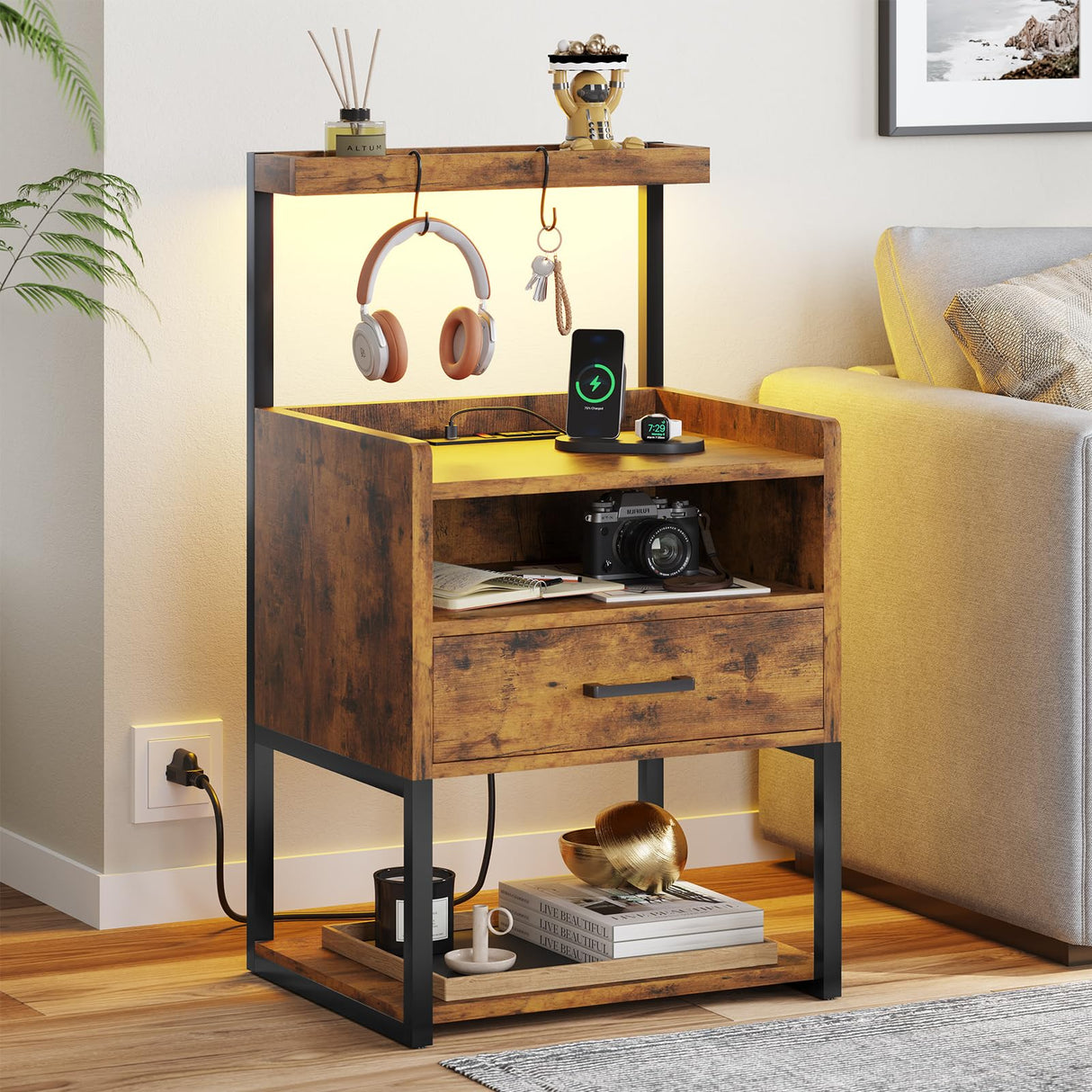 VIAGDO Nightstand with Charging Station and LED Lights, Rustic Brown Night Stand with Drawer, Modern End Side Table with Open Storage Shelves, Bedside Tables for Bedroom, Office VIAGDO