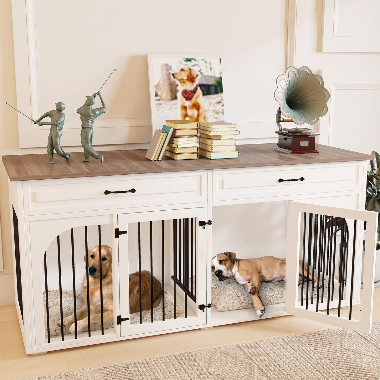EBE Dog Crate Furniture, 74.8''Wooden Dog Crate with 2 Drawers and Removable Divider, Dog Kennel Indoor Furniture with Double Rooms, Heavy Duty Dog Crate Table Indoor TV Stand for Large Medium Dogs EBE