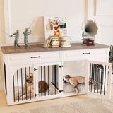 EBE Dog Crate Furniture, 74.8''Wooden Dog Crate with 2 Drawers and Removable Divider, Dog Kennel Indoor Furniture with Double Rooms, Heavy Duty Dog Crate Table Indoor TV Stand for Large Medium Dogs EBE