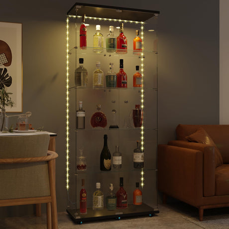 5-Shelf Glass Display Cabinet with Lights Strip & Lock Door,Curio Cabinets Collectibles Display Case,Tempered Glass Freestanding Bookshelf for Living Room Bedroom Office, 76 x 30.9 x 13.5 in,Black TehRecBT