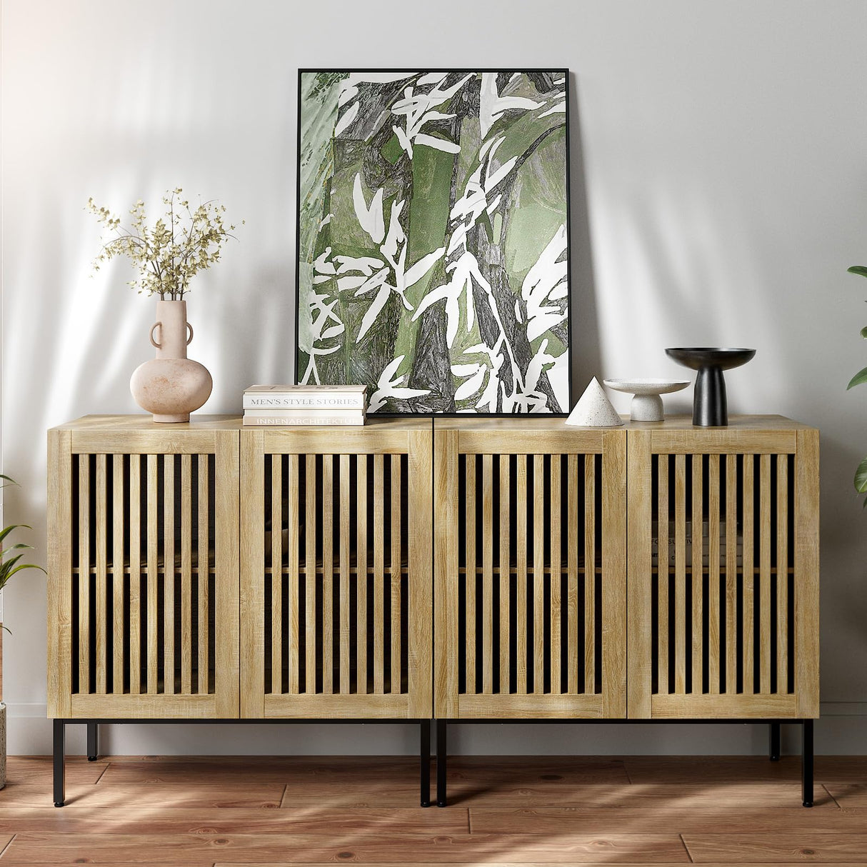 Qufusaty Storage Cabinet, 63" Farmhouse Buffet with Metal Base and Adjustable Shelves, Sideboard Coffee Bar with 4 Doors for Kitchen, Dining Room, Living Room, Oak Qufusaty