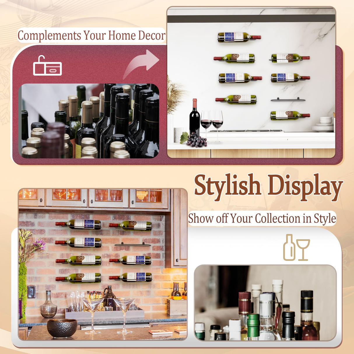 AQAREA Wall Mounted Wine Rack: Metal Wall Wine Bottle Holder - for Wine Cellar Home Kitchen Bar Decor - 8Pcs AQAREA