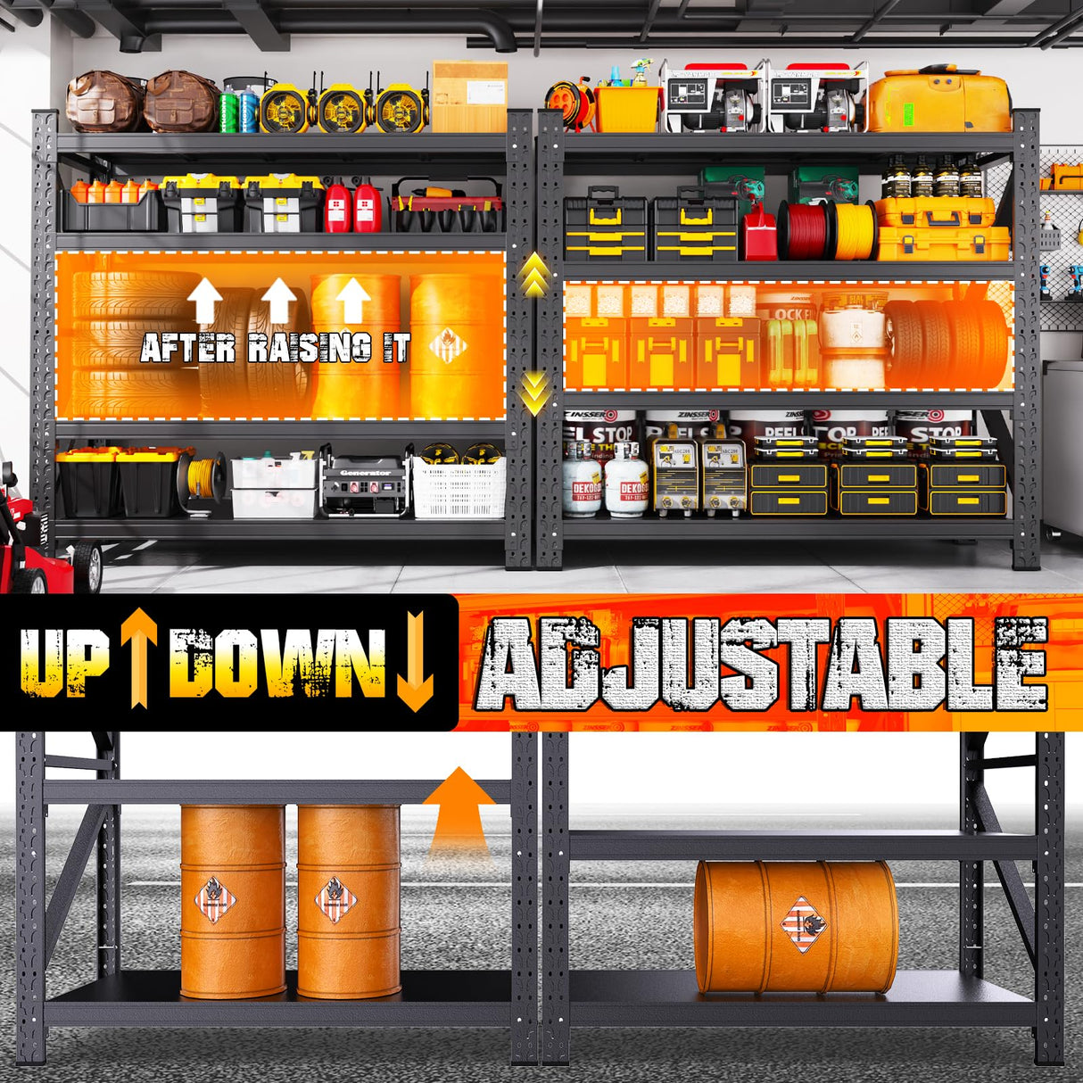 LLIIFFEE 70''W Garage Shelving Heavy Duty, Metal Garage Shelves, 7000LBS Storage Shelves 4 Tier Adjustable Steel Shelving Units, Wide Industrial Shelving Storage Rack for Warehouse, Basement,Black LLIIFFEE