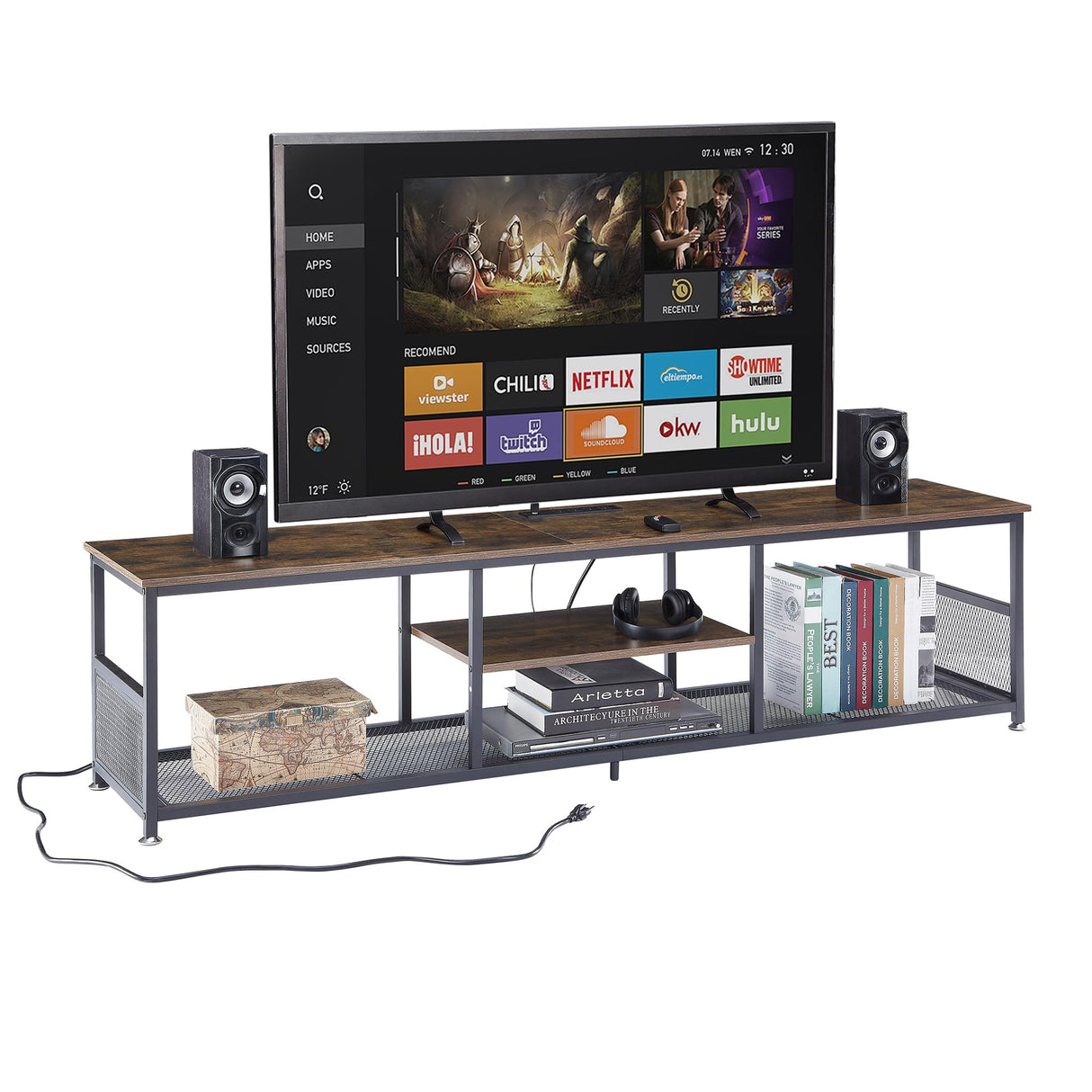 VECELO TV Stand with Power Outlets for Televisions up to 80 Inch,70" Media Entertainment Center with Charging Station 3-Tier Open Storage Shelves with Metal Frame for Living Room/Bedroom，Brown VECELO