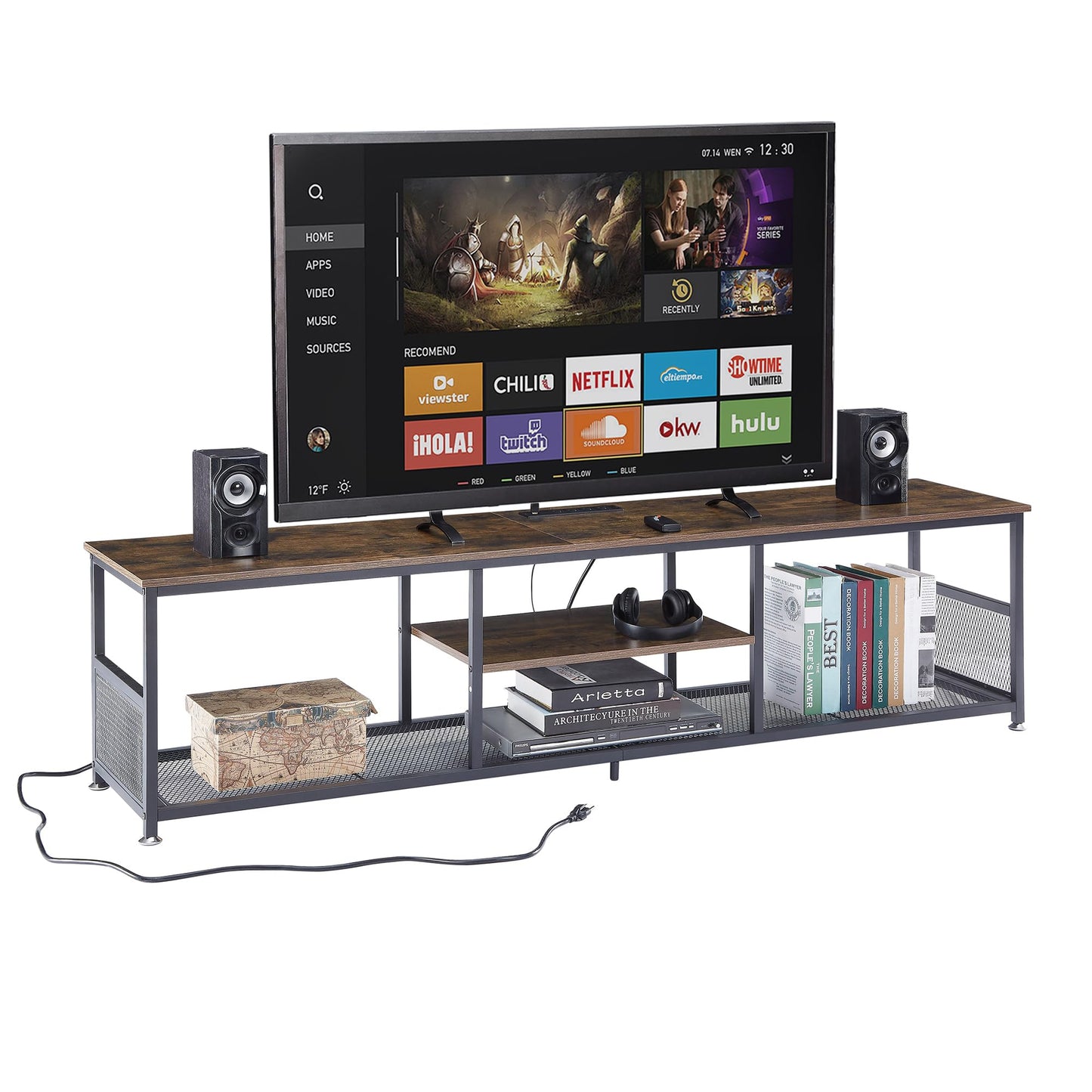 VECELO TV Stand with Power Outlets for Televisions up to 80 Inch,70" Media Entertainment Center with Charging Station 3-Tier Open Storage Shelves with Metal Frame for Living Room/Bedroom，Brown