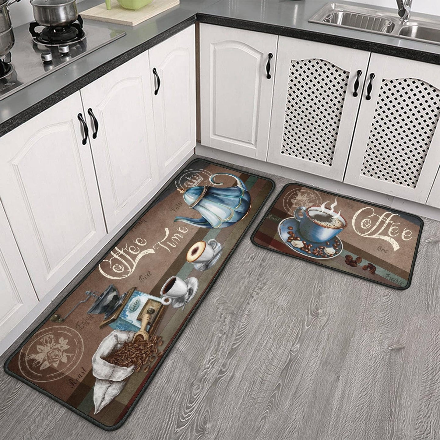 Ghroiep 2 Piece Coffee Kitchen Decor Rugs Set, Farmhouse Country Kitchen Rugs and Mats Non Skid Washable Absorbent Microfiber Kitchen Accessories Decoration Floor Mats 17"x47"+17"x30"