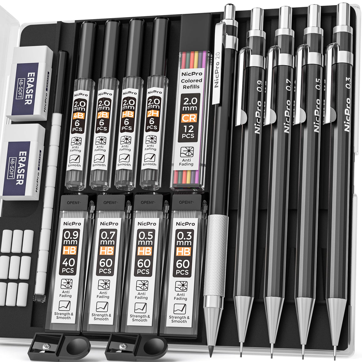 Nicpro Black Art Mechanical Pencil Set in Case, Metal Drafting Pencils 0.3, 0.5, 0.7, 0.9 & 2mm Graphite Holders (2H HB 2B 4B Colored Lead) for Sketching Drawing with 9 Lead Refills, 2 Erasers Nicpro