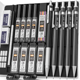 Nicpro Black Art Mechanical Pencil Set in Case, Metal Drafting Pencils 0.3, 0.5, 0.7, 0.9 & 2mm Graphite Holders (2H HB 2B 4B Colored Lead) for Sketching Drawing with 9 Lead Refills, 2 Erasers Nicpro