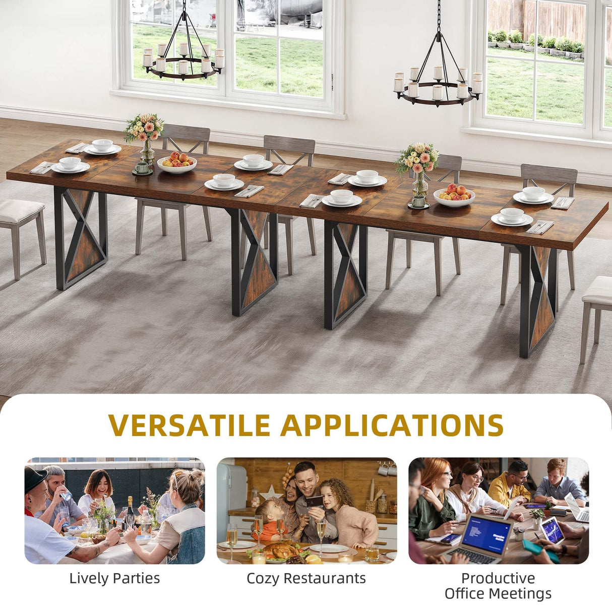 DWVO Farmhouse Dining Table for 6-8 People, 70.8-Inch Rectangular Wood Dining Table, Rustic Kitchen Dinner Table with Heavy Duty Metal Legs for Dining Room (Rustic Brown) DWVO