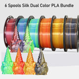 MIKA3D 6 Spools Bicolor Dual Color 1.75mm 3D Printer Filament Bundle, 3D Printing Silk PLA, Silk Black-Purple/Purple-Gold/Black-White/Black-Orange/Red-Blue/Black-Red, 3D Printing PLA 250g X 6 Spools MIKA3D