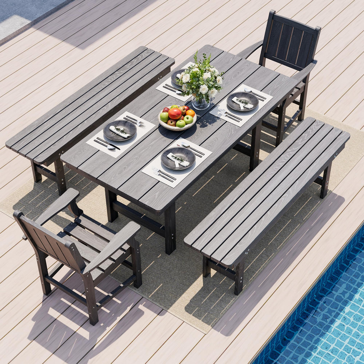 Pamapic 5 PCS Outdoor Dining Set, Spacious HDPE Outdoor Table with 2 Chairs and 2 Bench, Wood Grain Patio Furniture Sets with Elegant Armrest, All-Weather Patio Dining Table with Umbrella Hole, Gray Pamapic